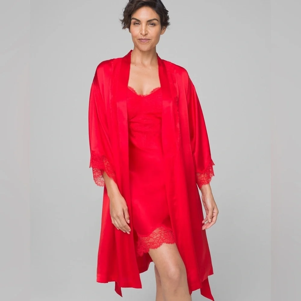 NWT Soma Sensuous 100% Silk Lace Trim Robe Cherry Red Luxury Size Large / XL